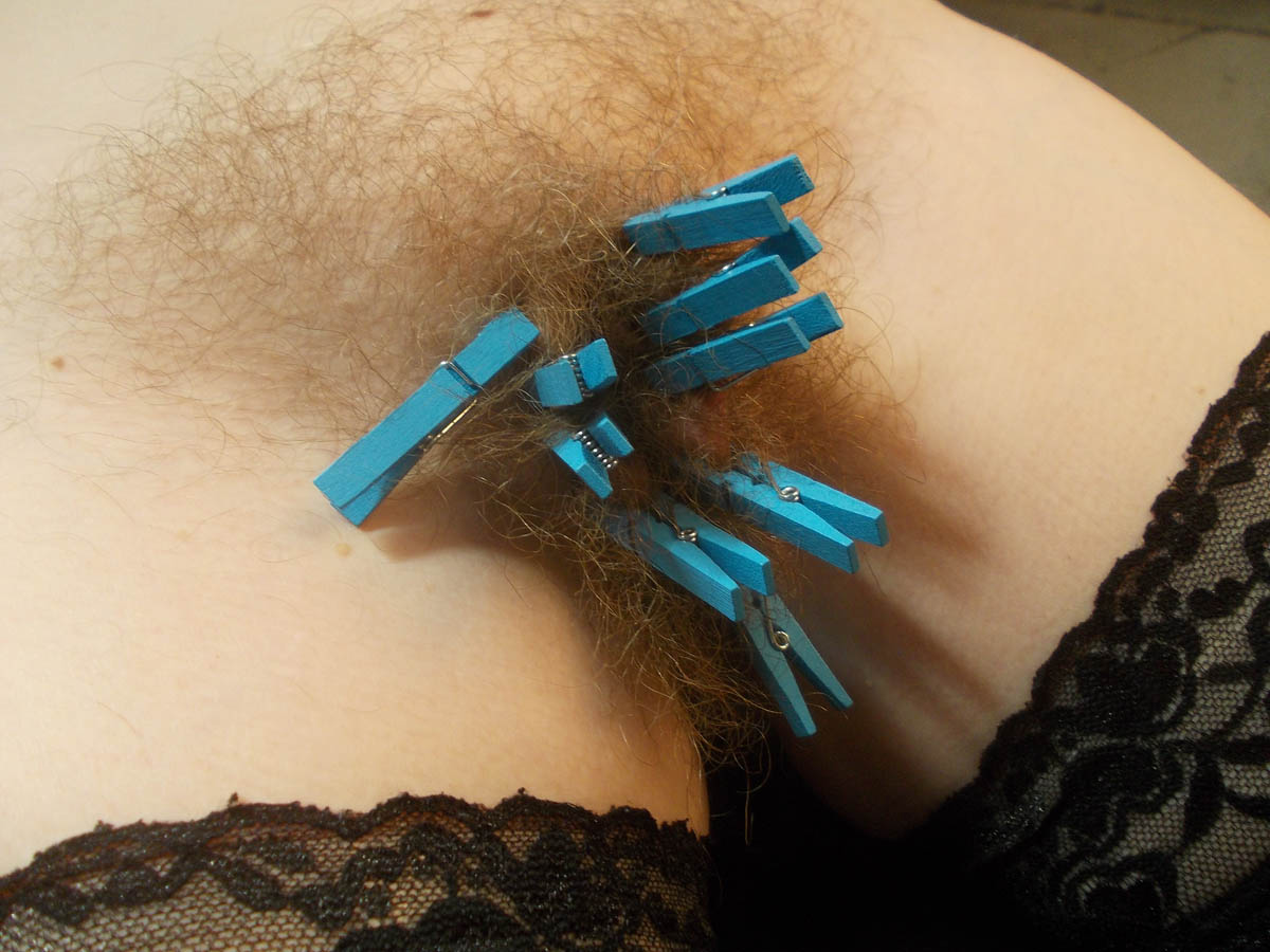 En hårig fitta med många klädnypor